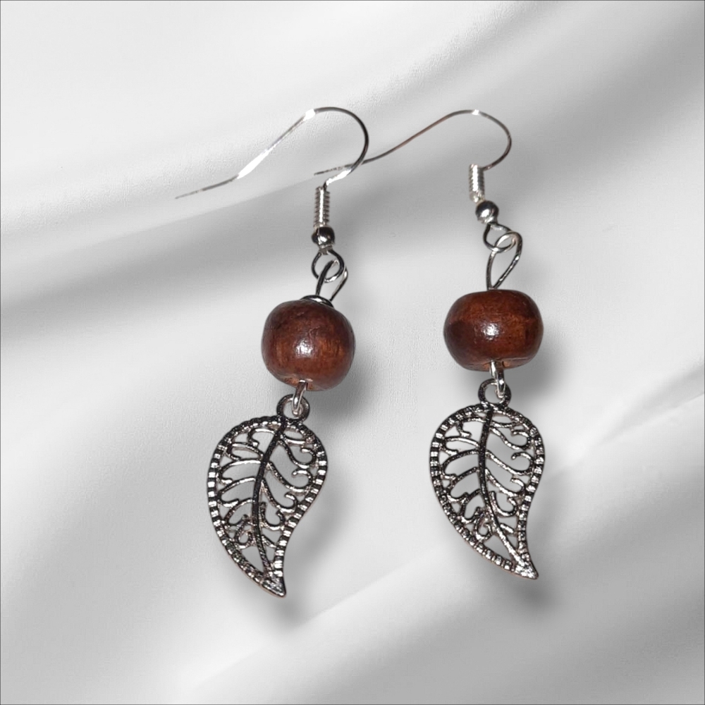NEW wood bead leaf earrings Handmade Brown And Silvertone